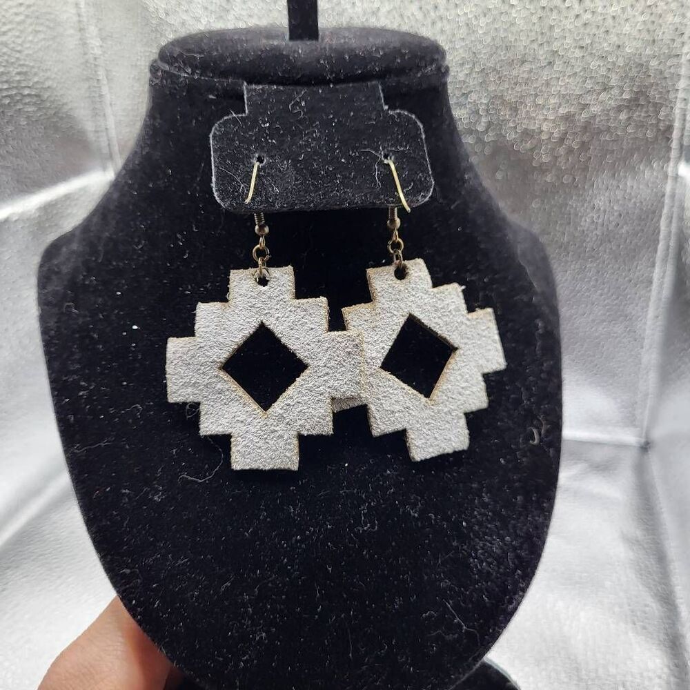 Artisan Made Leather Geometric White Genuine Leather Earrings